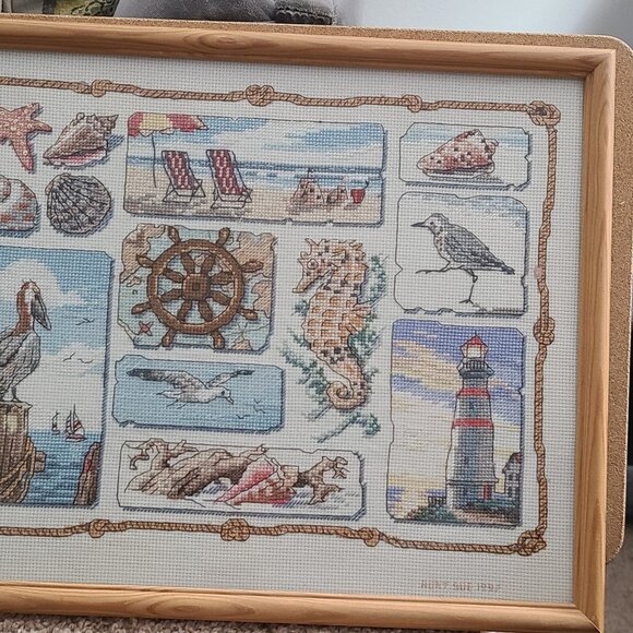 Vintage Framed Nautical Cross-Stitch